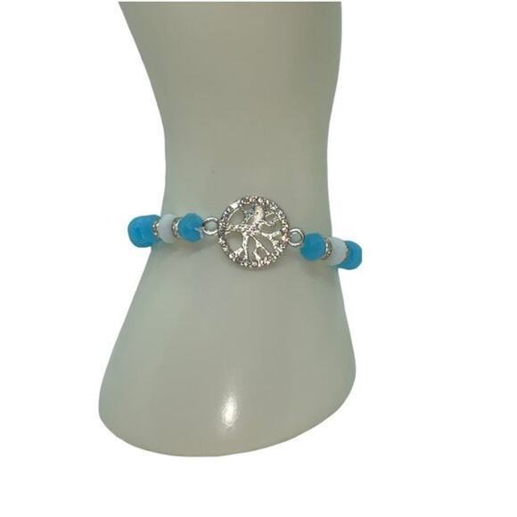 Blue White Beaded Silver-Tone Tree of Life Pendant Rhinestone Stretch Bracelet - Picture 1 of 12